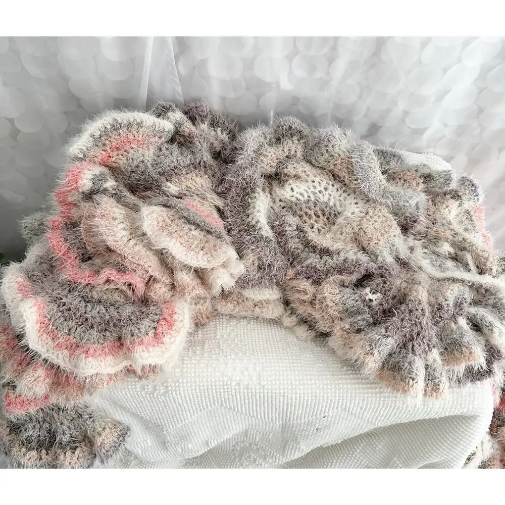 Hand Made LONG Curly Crochet CORKSCREW Throw Blanket FUZZY Grey Beige Pink